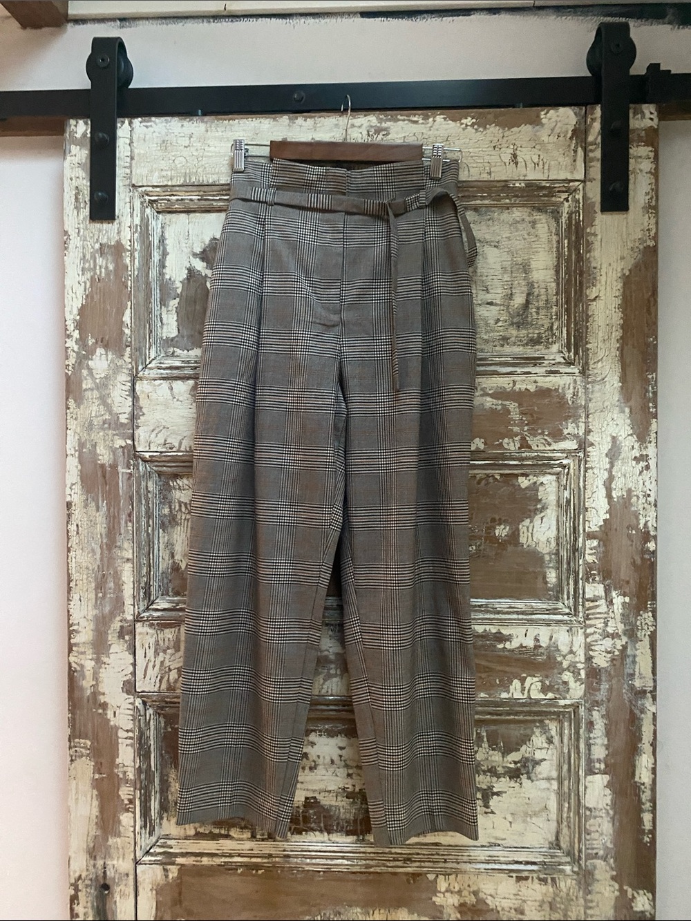 Zara Paper Bag Plaid Pants in Brown Neutral Multi Colors, Size L